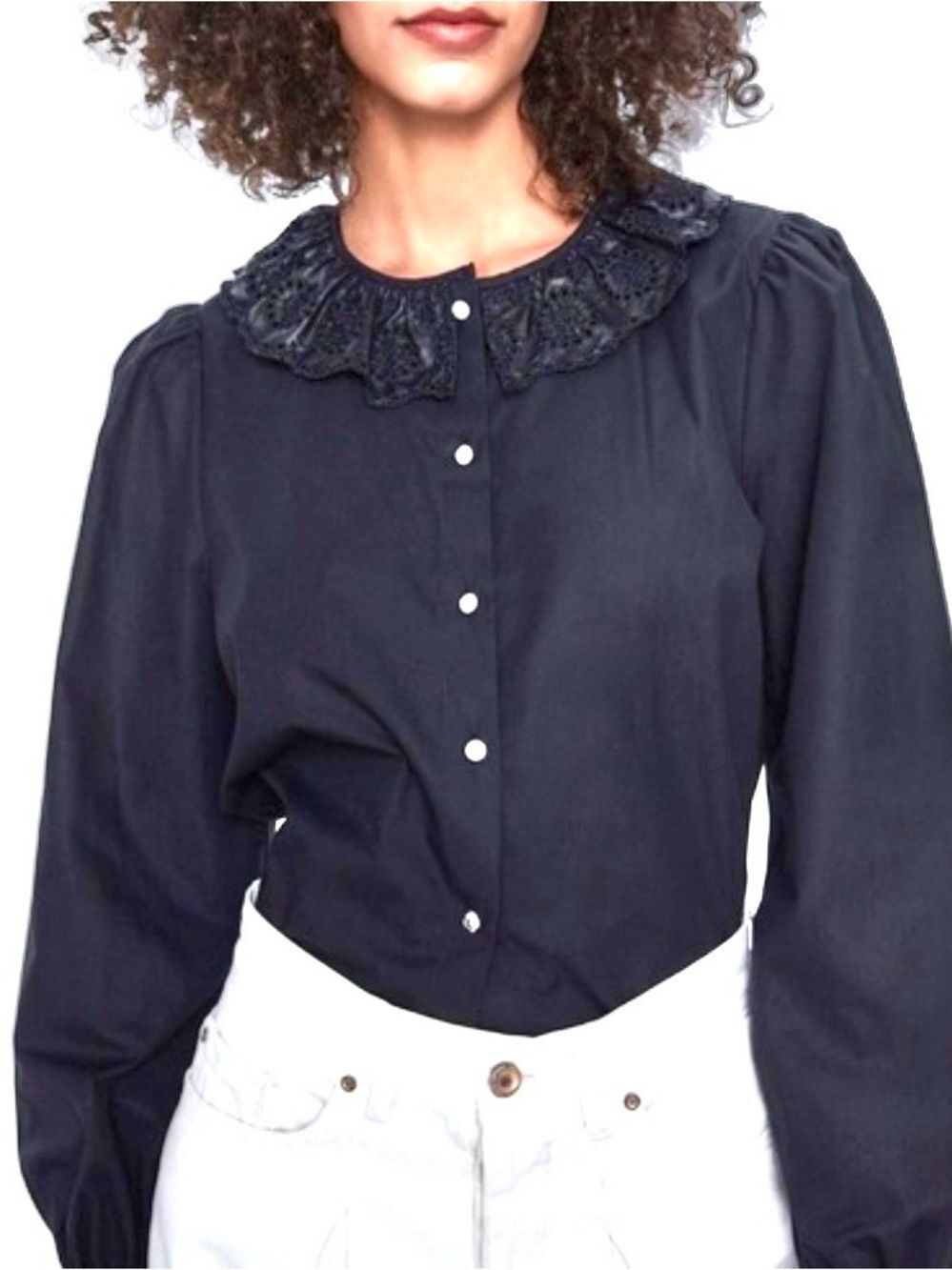 Zara cotton button down with faux leather ruffle M